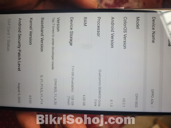 Oppo A3s, 6GB RAM, 128GB ROM, Brand New Condition